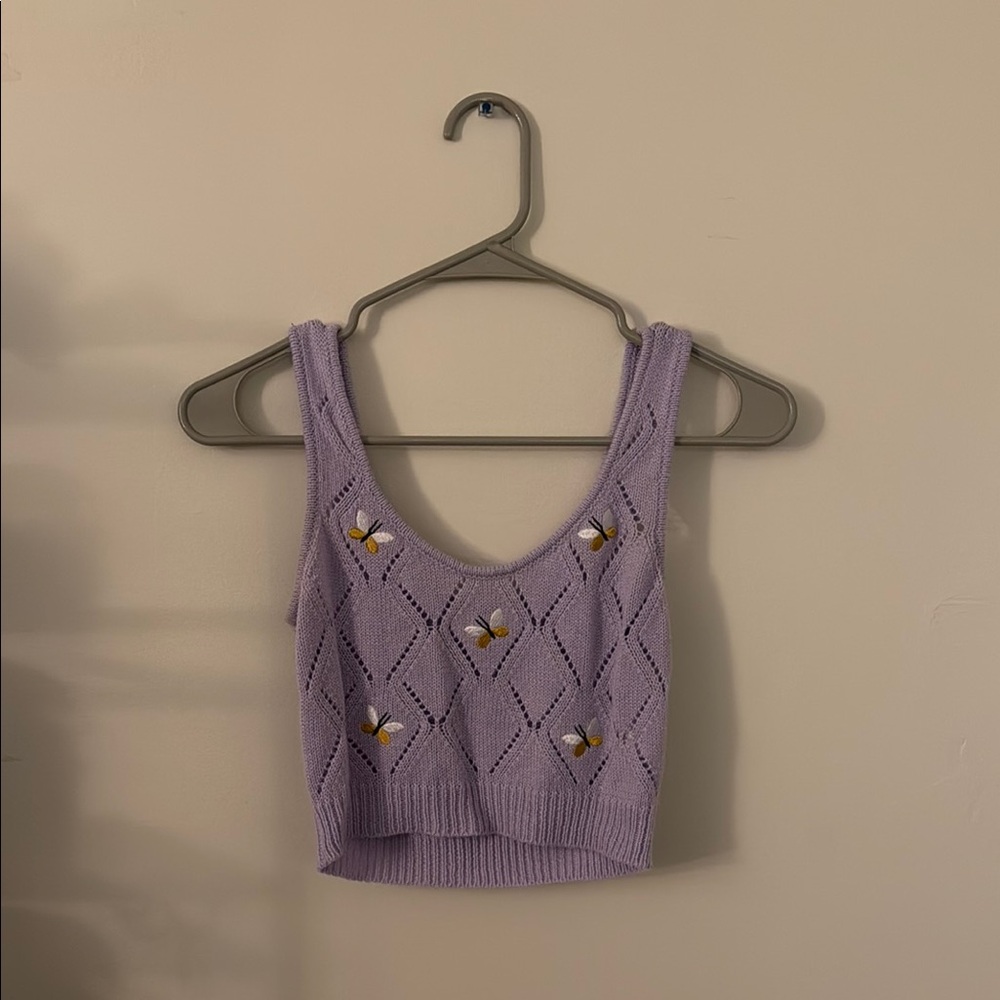 Purple Embellished Ribbed Crop Tank Top